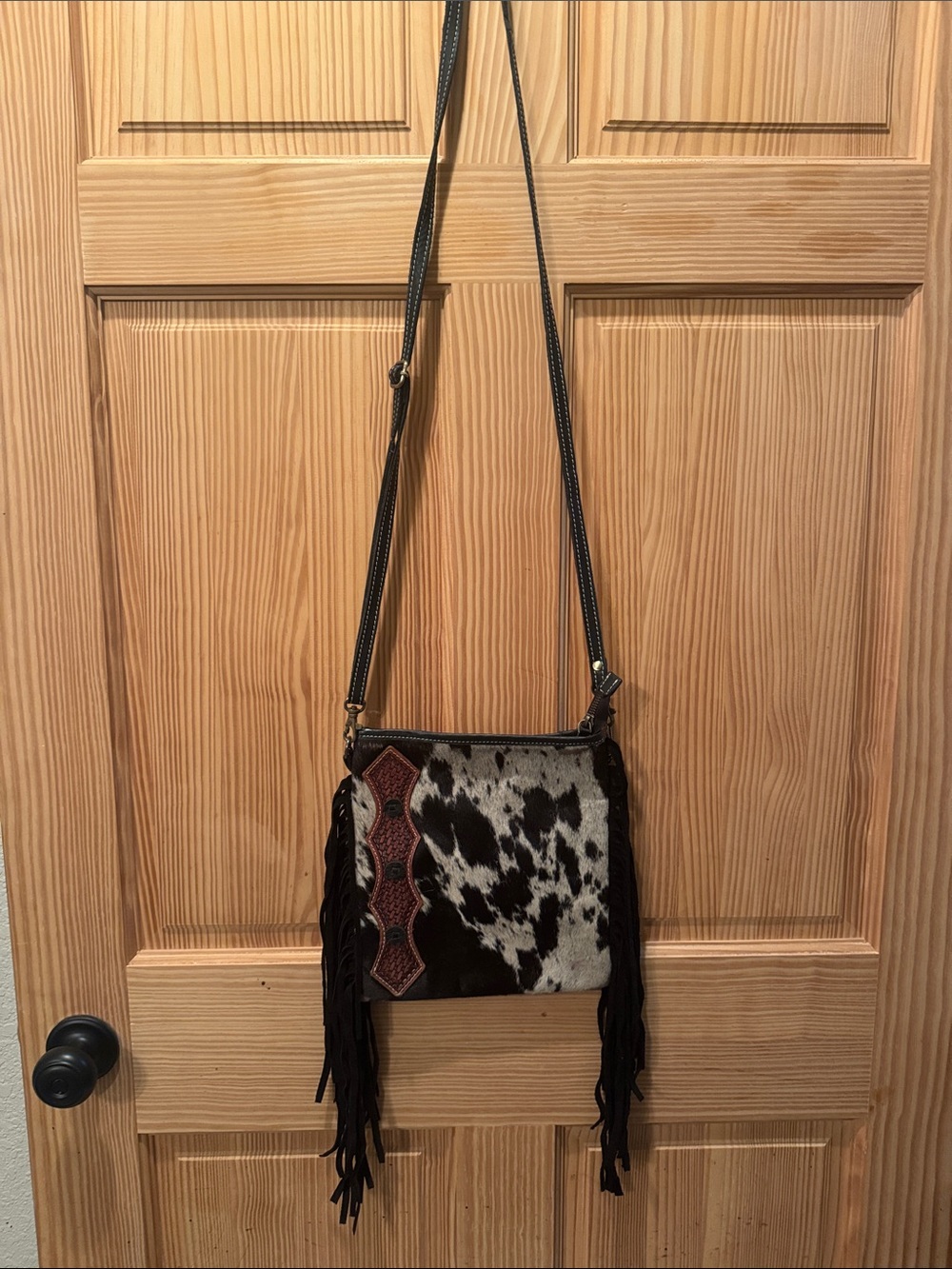 Cowhide Fringe Crossbody Bag in Black, White and Brown